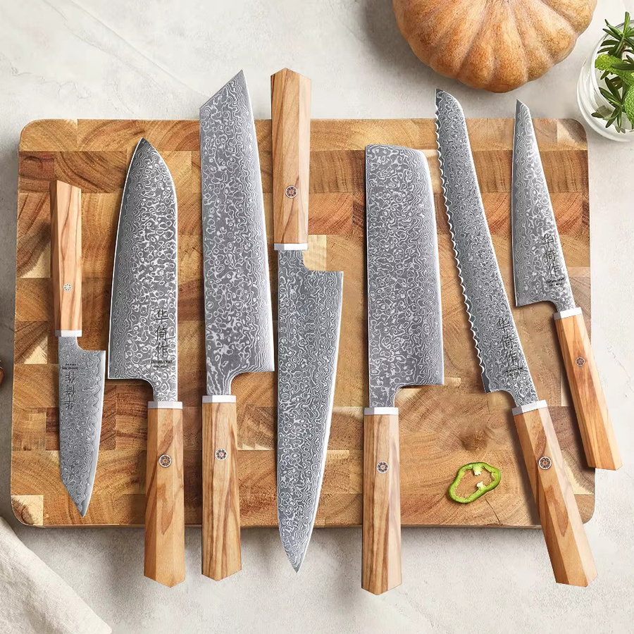 HUAYIGRAND 1-7-teiliges Küchenmesser-Set aus 67-lagigem Damaszener Stahl, handgefertigte japanische Profi-Kochmesser inklusive Bunka, Santoku, Obst- und Brotmesser - Bild 2