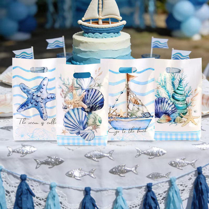 Blaue Geschenktüten im Ozean-Thema mit Korallenriff- und Meereslebewesen-Designs für Unterwasser-Partys aus Kunststoff - Bild 2