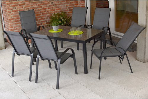 Merxx Gartenmöbelset Amalfi 7-teilig aus Aluminium und Textil in Grau mit Tisch und Stapelsesseln, Tisch B: 150 cm, T: 90 cm, H: 72 cm - Bild 1