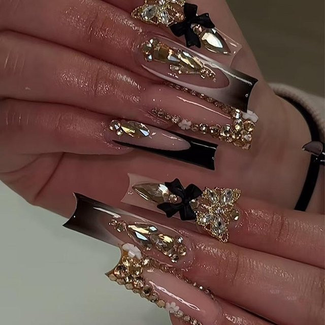Glamour Nails Press On Nägel, 24 Stück, Schwarz, Glänzend, Quadratisch - Bild 1