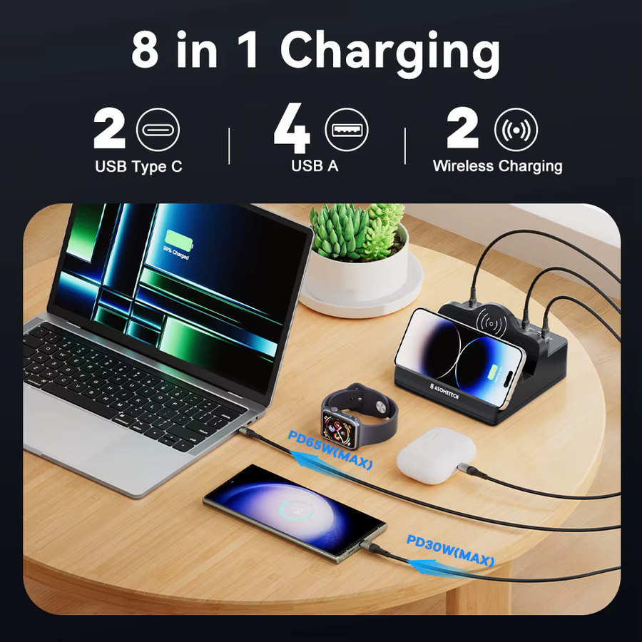 ASOMETECH 110 W USB Ladestation mit 6 Ports, Dual Schnelles Drahtloses Laden, USB-C, QC3.0 und PD3.0 Schnellladegerät für iPhone, Xiaomi, Samsung und Laptop, Schwarz - Bild 3