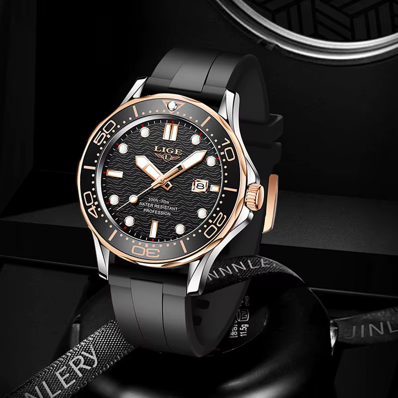 LIGE Armbanduhr, Taucheruhr, Edelstahl, Schwarz, Silber, Herren, Datum - Bild 2