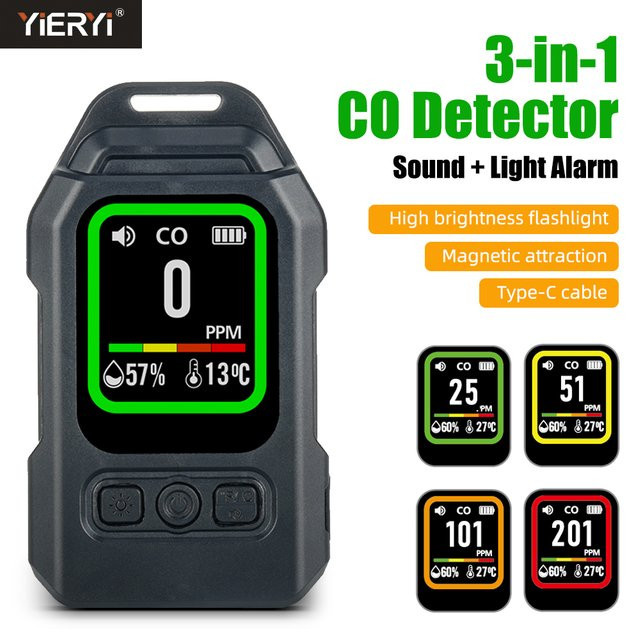 Yieryi 3-in-1 CO-Gasleckdetektor mit Kohlenmonoxidsensor, Alarm, Taschenlampe sowie Temperatur- und Feuchtigkeitsmessgerät in Weiß - Bild 1