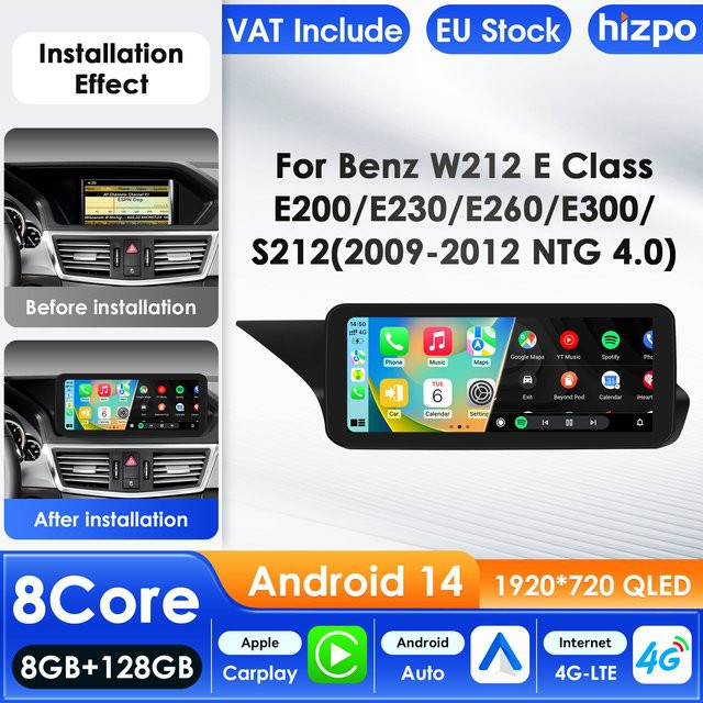 Hizpo Android 14 Autoradio mit 4G AI System und GPS für Mercedes Benz E-Klasse W212 2009–2016, Multimedia-Video-Player in Schwarz - Bild 1