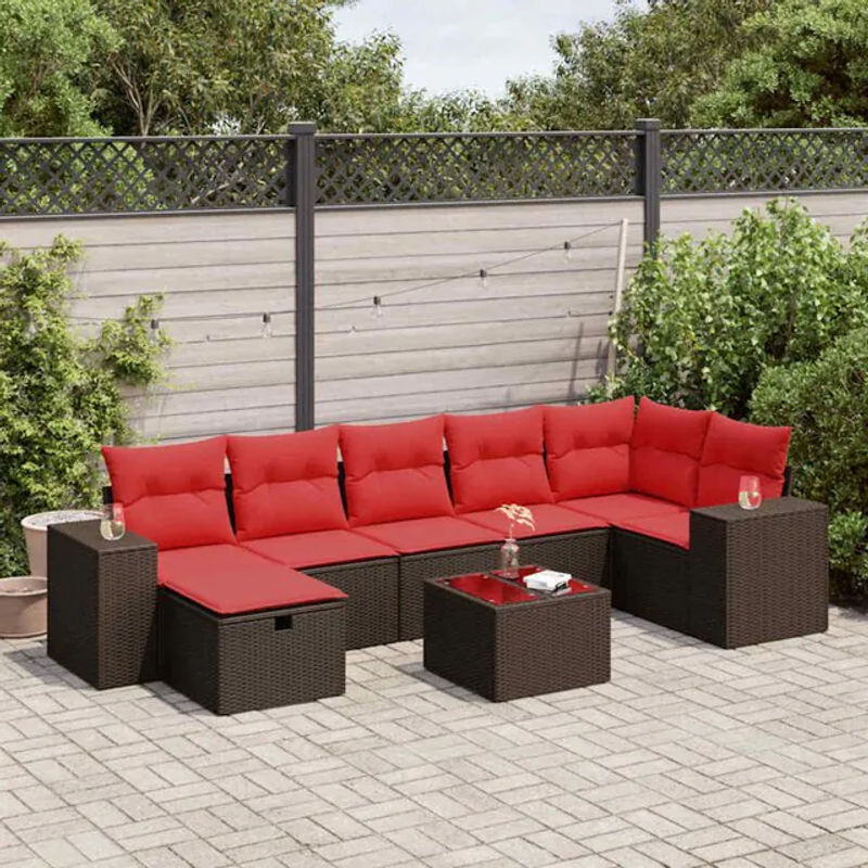 8-tlg. Loungemöbel Garten-Sofagarnitur aus Polyrattan mit Kissen in Braun und Rot von vidaxl - Bild 1