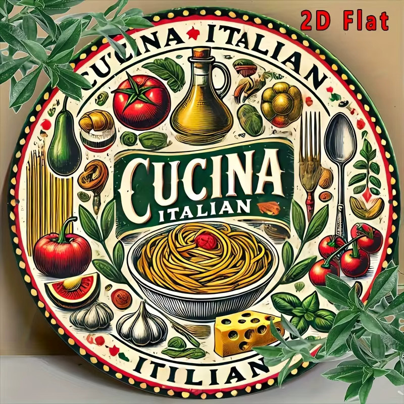 Rundes Aluminiumschild Potdemiel mit italienischem Essensthema und farbiger Illustration als Wandkunst aus Metall - Bild 6