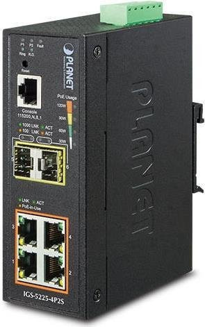 PLANET IGS-5225-4P2S Managed L2+ Switch mit 4 x 10/100/1000 PoE+ Ports und 2 x 1000Base-X SFP, DIN-Schiene Montage, 144 W PoE+ Budget, Schwarz/Blau - Bild 1