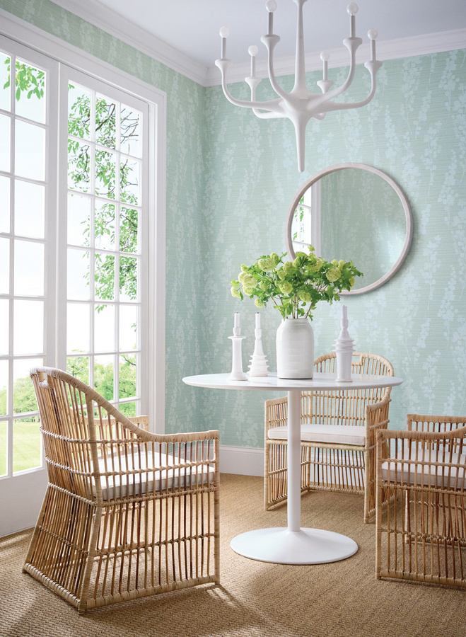 Thibaut Tapete Spring Blooms Botanisches Floral Design in Grün, Blau und Silber aus Vinyl - Bild 1