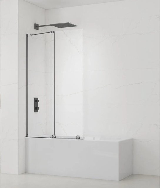 Swiss Aqua Technologies Walk-In Xmotion Badewannenabtrennung 2-Teilig mit Schiebetür, Farbe: Gunmetal, Breite: 150 cm, Tiefe: 60 cm, Höhe: 117,5 cm - Bild 1