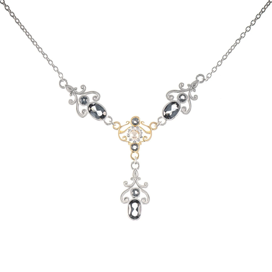 Collier 925 Silber, teilvergoldet, Zirkonia, anthrazit, Perle, Damen - Bild 1