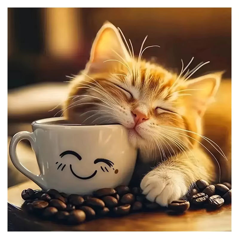 Huacan DIY 5D Diamant-Malerei Set Schlafende Katze mit Kaffeetasse, mehrfarbig, Wanddekoration - Bild 4