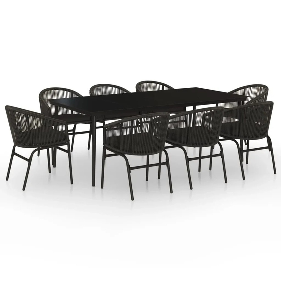 vidaXL 9-teilige Garten-Essgruppe in Schwarz mit Tisch aus gehärtetem Glas und pulverbeschichtetem Stahl für Garten und Terrasse - Bild 2