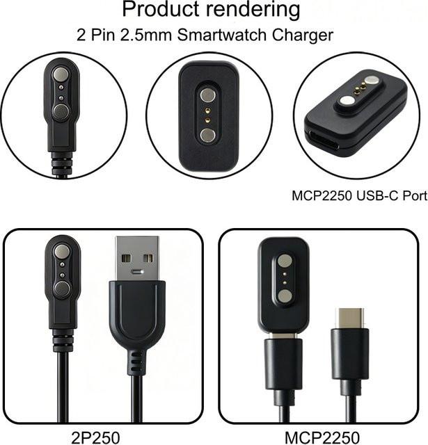 NETCOSY Magnetisches Smartwatch-Ladegerät 2P250/MCP2250 für 2-polige 2,5-mm-Smartwatches in Schwarz - Bild 1