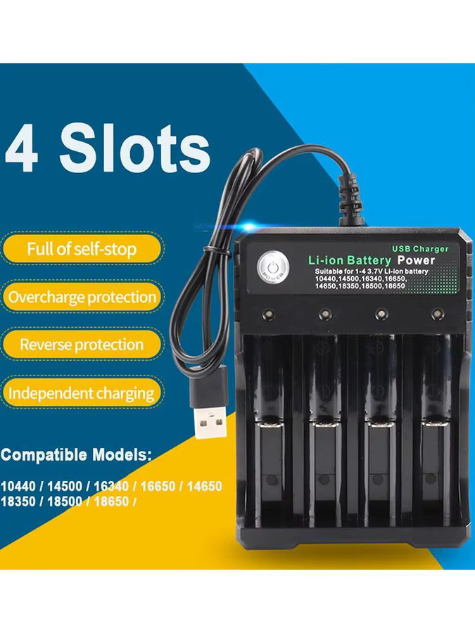 AILEHKUO Li-Ionen-Batterieladegerät mit 2/3/4 Steckplätzen, USB-A und DC, 4,2V für 18650 18350 16340 14500 18500 26650 Akkus, Schwarz - Bild 5