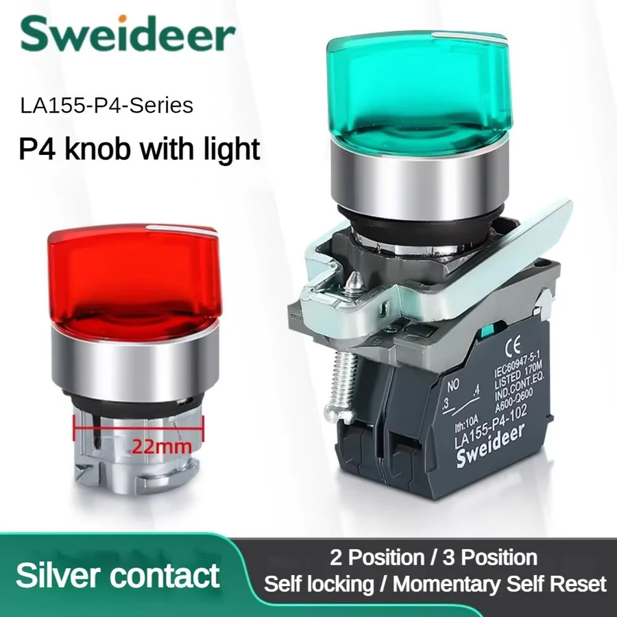 Sweideer Xb4 Drehschalter mit LED-Leuchtanzeige 22mm, 2 Positionen, selbsthemmend, 1NO/2NO/1NO1NC, 12V/24V, 10A, Farben: Rot, Grün, Weiß - Bild 2