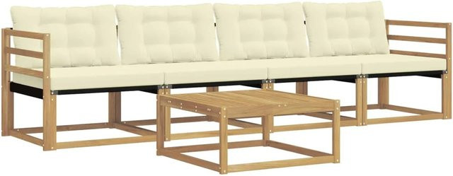 vidaXL Outdoor-Sofagarnitur aus Akazienholz mit Textilene-Bezug und Polstern, 5-teiliges Set in Weiß und Beige, B/T/H: 79 x 79 x 37 cm - Bild 1