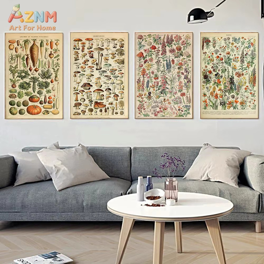 AZNM Vintage Botanische Illustration auf Leinwand, Retro-Poster mit Blumen, Pilzen, Insekten und Pflanzen, Mehrfarbig, ungerahmt - Bild 2