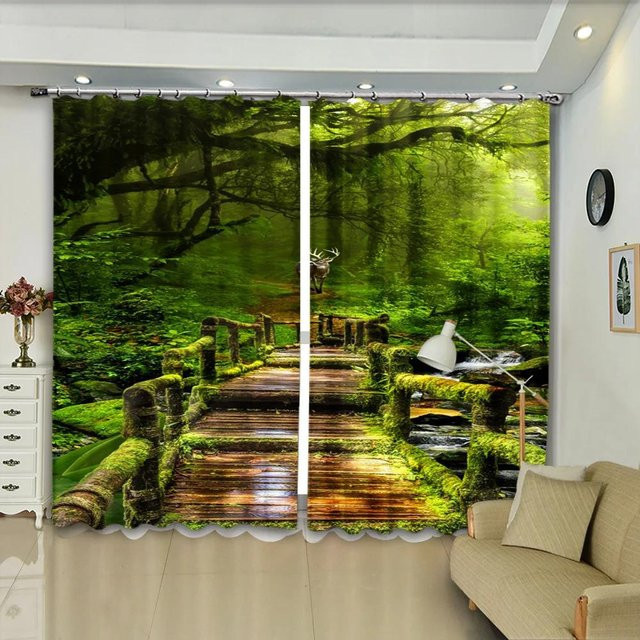 Yiran Furniture Vorhänge mit Naturlandschaft und Meeresmotiv, 2er-Set, halbtransparent, Grün, B: 50 cm, H: 130 cm - Bild 1