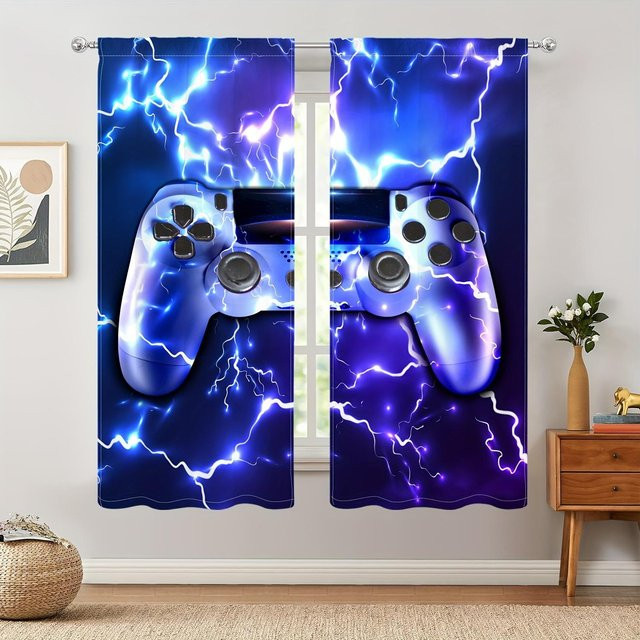 Yiran Furniture Cool Lightning Gamepad Vorhänge, 2er-Set, Blau, B: 50 cm, H: 130 cm - Bild 1