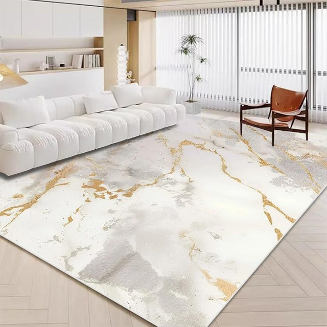 Karpetti Teppich in Weiß und Gold mit Marmor-Design, rutschfest und waschbar, B/T: 200 x 230 cm - Bild 1