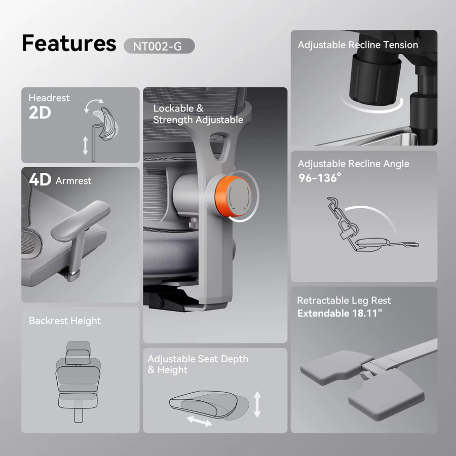 NEWTRAL NT002 Ergonomischer Bürostuhl in Grau mit Fußstütze, adaptiver Lordosenstütze, 3D Armlehnen und verstellbarer Kopfstütze aus Mesh für Home-Office und Büro - Bild 3