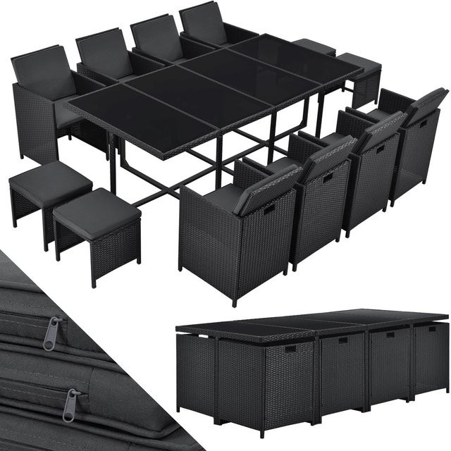 Juskys Polyrattan Essgruppe Baracoa XXL 13-teilig in Schwarz mit Polsterung und wetterfesten Kissen - Bild 1