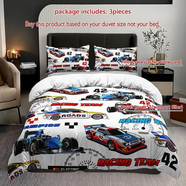 3er-Set Rennwagen Bettwäsche aus Polyester mit Bettbezug und Kissenbezug, Farbe: Weiß, B/H: 140 x 210 cm - Bild 1