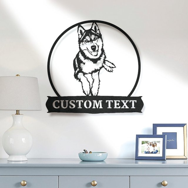Personalisierte Husky Hund Wandkunst aus Metall in Schwarz – Rundes Metallschild Hello Young als rustikale Dekoration für Innen und Außen - Bild 1