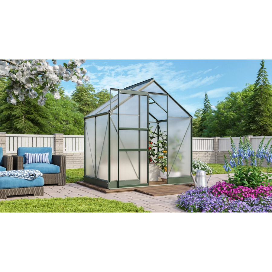 Vitavia Gewächshaus Apollo 2500 HKP Smaragd Vorzugsset mit 6 mm Polycarbonat, Stahlfundamentrahmen, Dachfenster, Regenrinnen und kugelgelagerter Schiebetür - Bild 2