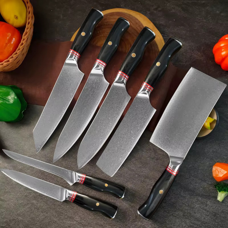 InLeung 7-teiliges professionelles japanisches Damaszener Stahlmesser-Set in Schwarz - Bild 1