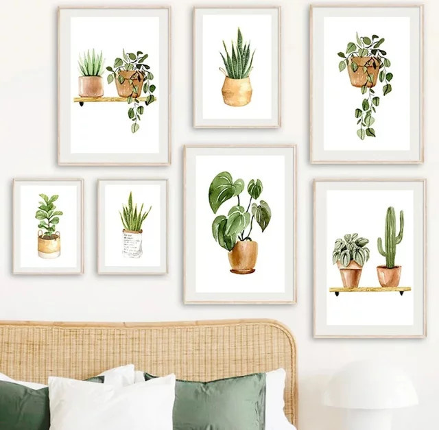 Potdemiel Leinwand Wandkunst Kaktus Pilan Monstera Grünpflanzen Poster in Grün - Bild 1