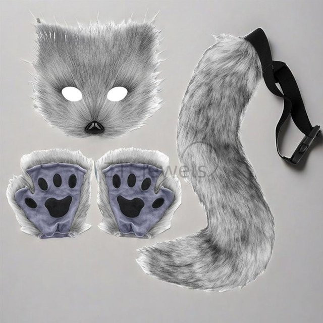 YIRAN Cosplay Kostüm Set, Fuchs Schwanz Katze Wolf, Plüsch Maske, Pfoten Handschuhe, Grau - Bild 1