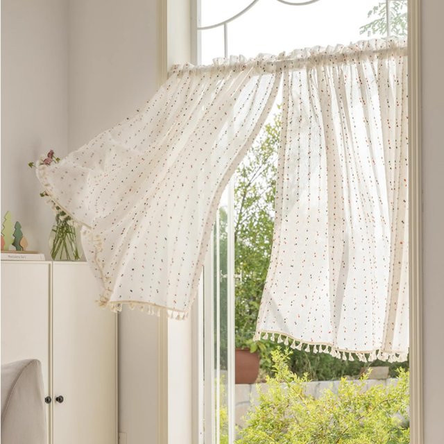 BUYNOW Regenbogen-Punkte Kurzvorhang im Boho-Stil, Mehrfarbig mit Weiß, Stoffvorhang für Wohnzimmer und Schlafzimmer - Bild 1