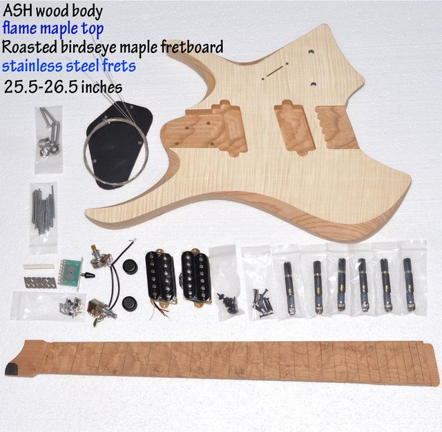 NK DIY E-Gitarren-Kit mit 6 Stichen, Esche-Mahagoni-Korpus, Ahornhals, Flammenahorn-Griffbrett und Edelstahlbünden in Multicolour - Bild 1