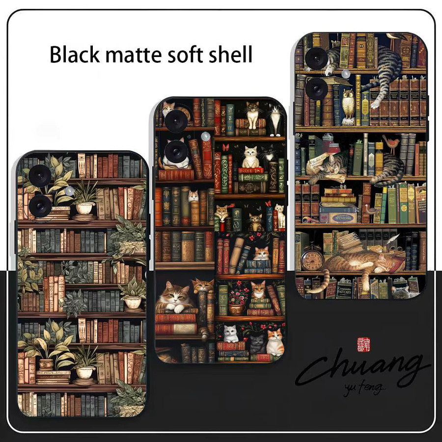 Apple iPhone 11-16 Handyhülle Vintage Bücherregal und Kätzchen Design in Schwarz und Multicolour aus Frosted TPU mit UV-Lackierung - Bild 2