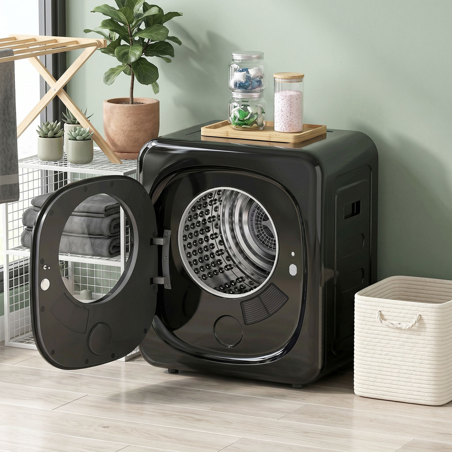 HOMCOM Ablufttrockner Schwarz, Kompakter Fronttrockner mit 4 kg Kapazität, 800W, 5 Trocknungsmodi, Smart-Sensor, Timer und Edelstahltrommel, Wandmontierbar oder Freistehend - Bild 2