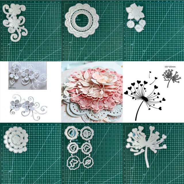 Metall Schneidwerkzeug Schablone mit Blumen und Herz für Papier, Karten und Sammelalben in Silber - Bild 1