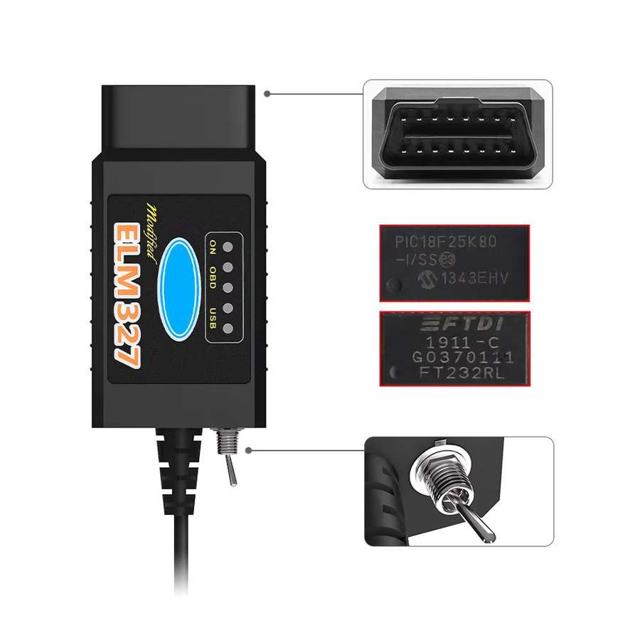 JFIND ELM327 V1.5 USB OBD2 Scanner mit FT232 FTDI PIC18F25K80 Chip und HS-CAN/MS-CAN Schalter für Ford FORScan in Schwarz - Bild 2