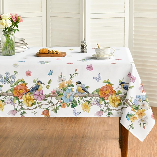Waschbare rechteckige Tischdecke von JINGYUE Pet mit Frühlingsblumen, Vögeln und Schmetterlingen in Weiß, B/T: 100 x 160 cm - Bild 1