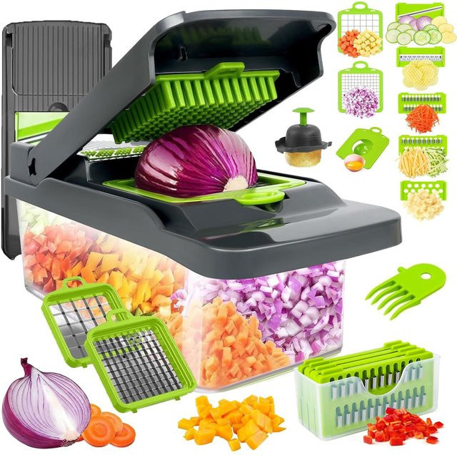 Multifunktionaler 4-in-1 Gemüseschneider Set in Grau und Grün mit Edelstahlklingen für Kartoffeln, Karotten und Gurken - Bild 1