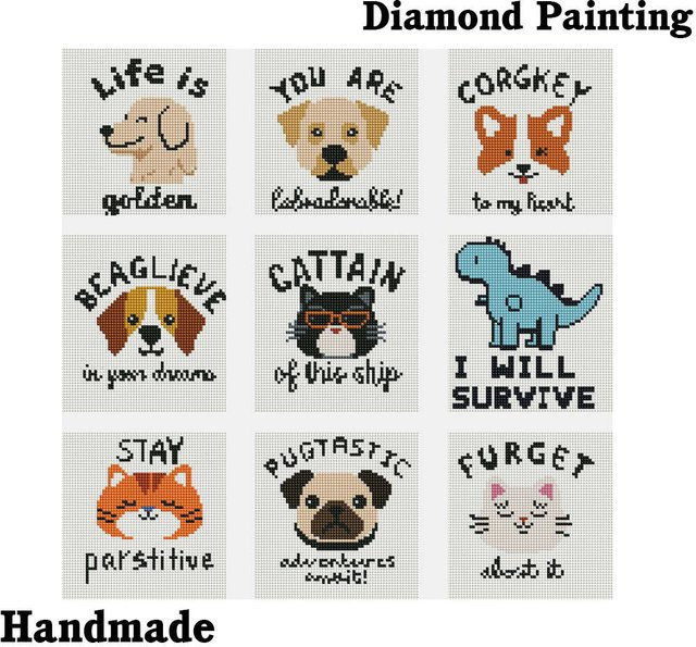 Huacan 9er Set quadratische Diamond Painting Sets mit Tier-Motiven Katze und Hund in Multicolor für Desktop-Dekoration und Hobby - Bild 1