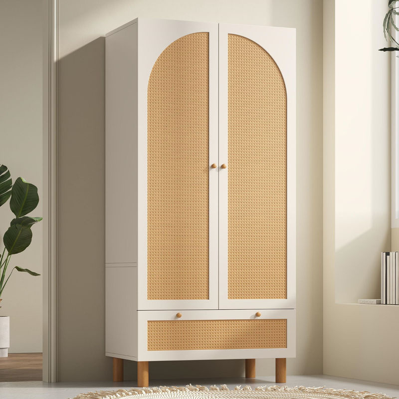 AB Store Kleiderschrank 2-türig mit Rattan-Front in Weiß, Landhausstil mit Kleiderstange, Regalen und Schubladen, B/T/H: 85,5 x 52 x 180,5 cm - Bild 2