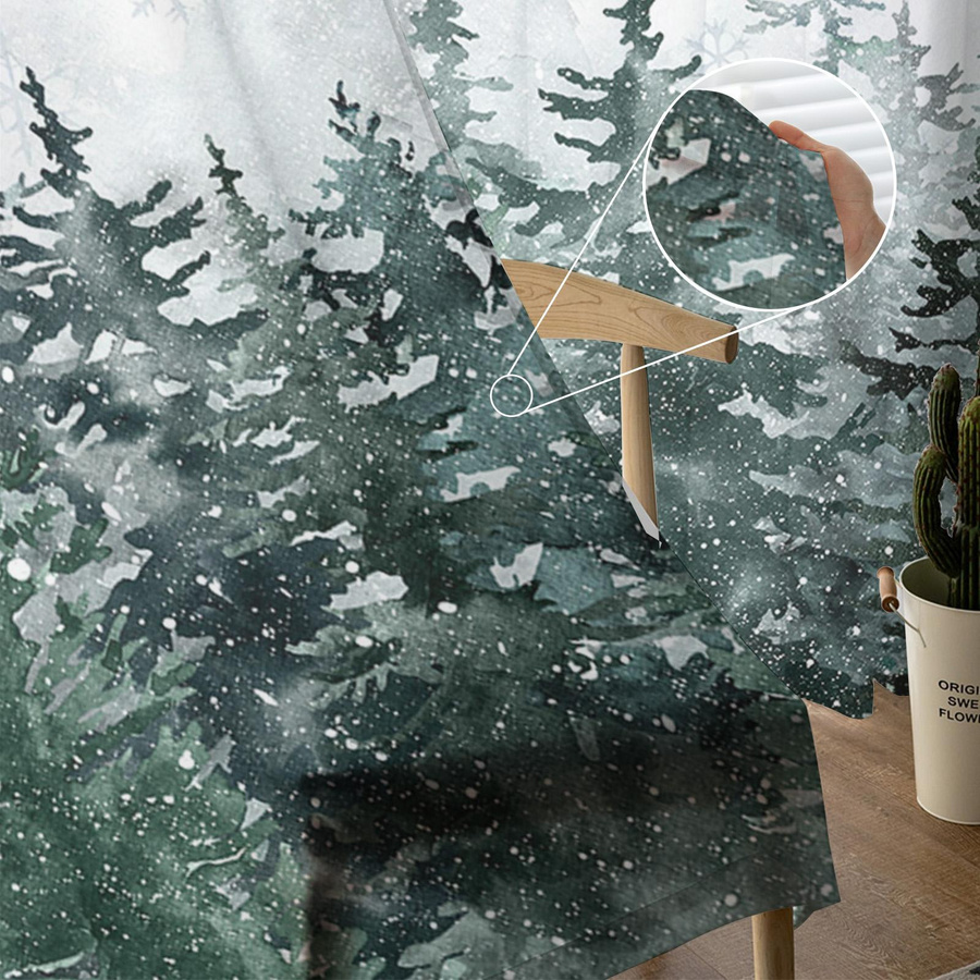Moderne Tüll-Voile-Fenstervorhänge mit Weihnachts-Aquarell-Kiefernwald-Motiv von Your Warm Home, transparent, mehrfarbig, B: 135 cm, H: 114 cm - Bild 2