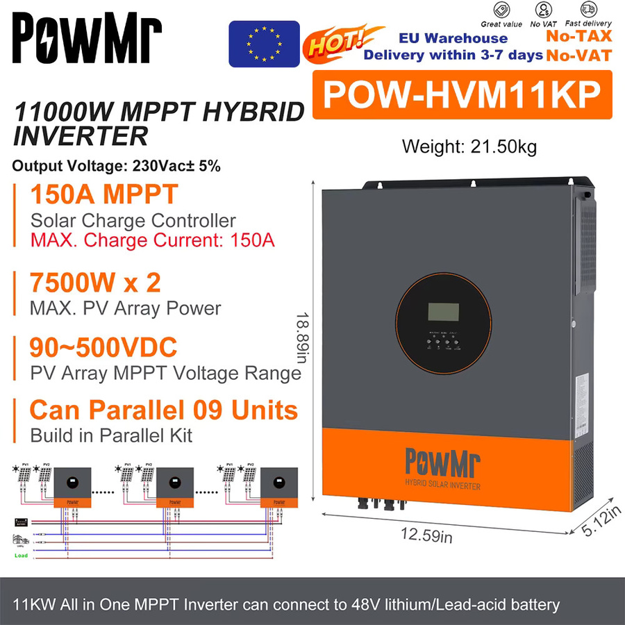 PowMr Hybrid-Solarwechselrichter mit 11 kW, 48 V, 220 V, MPPT 150 A Solarregler, rein sinusförmiger Ausgang, duale PV-Ausgänge für 500-V-Solarmodule und WLAN, Grau - Bild 2