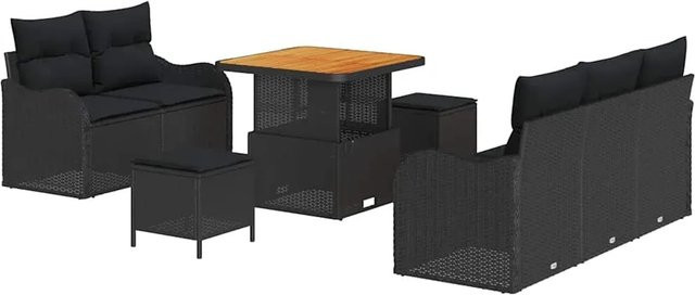 vidaXL Garten-Sofa-Set 8-teilig aus Polyrattan in Schwarz mit Lounge-Sesseln, Ottomanen und Couchtisch für Garten und Terrasse - Bild 1