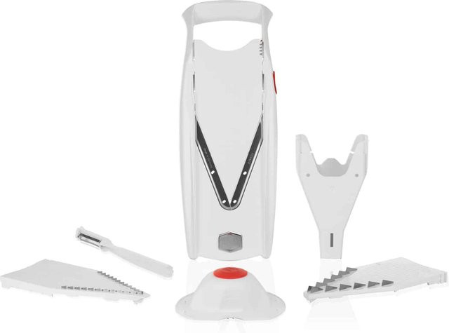 Börner V5 PowerLine Plus Gemüsehobel Set in Weiß, 6-teiliges Mandoline-Set mit Fruchthalter, Scheibeneinschub und Sparschäler für 10 Schnittarten - Bild 1
