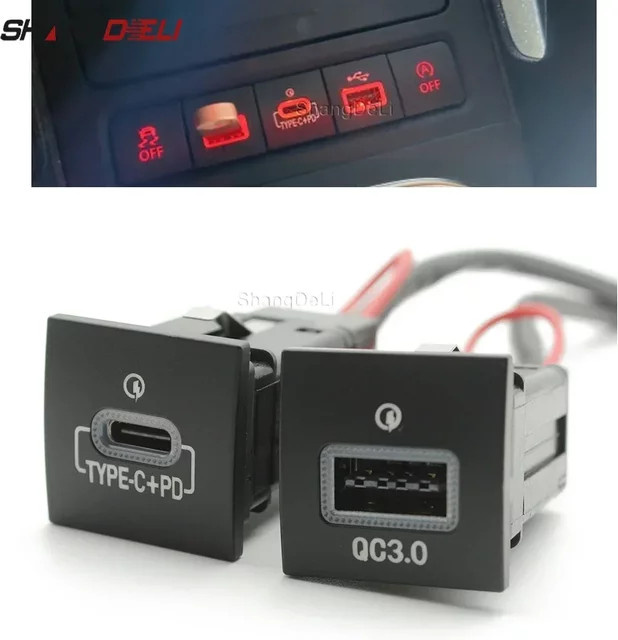 ShangDeLi USB-Ladesteckdose mit USB-C, QC3.0 und PD-Typ für VW Golf 6, Jetta 5 MK5 und Scirocco (2006–2012), Schwarz - Bild 1