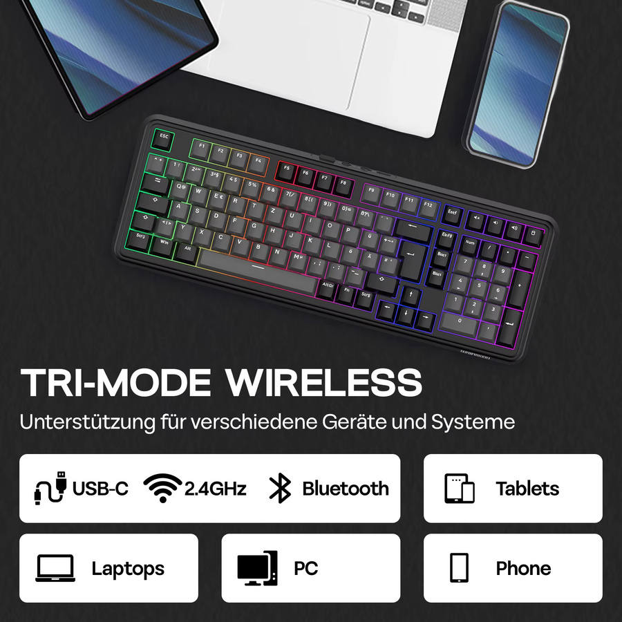 EPOMAKER TH99 Mechanische Tastatur mit QWERTZ Layout, 96% Dreifachmodus Kabellos, Schwarz, 8000mAh Akku - Bild 4