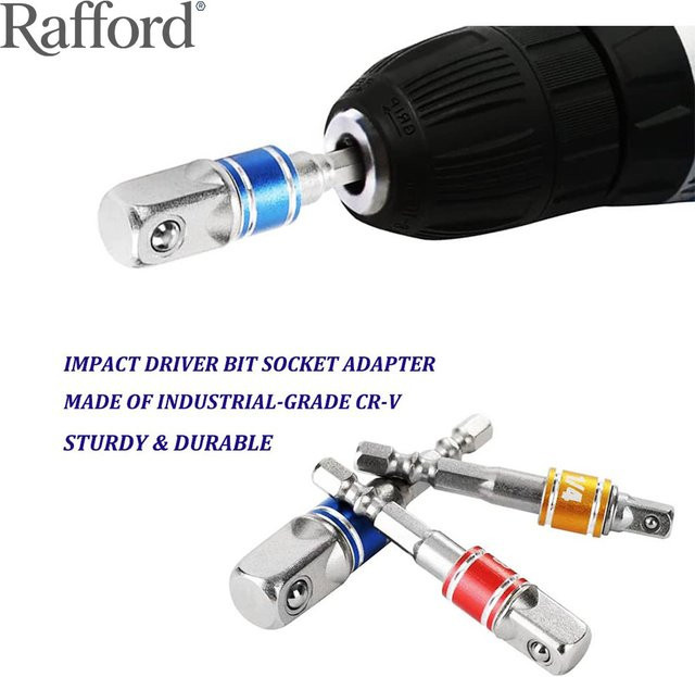 Rafford 3-teiliges Schlagschrauber-Steckschlüssel-Adapter-Set mit 1/4 Zoll, 3/8 Zoll und 1/2 Zoll Sechskantschaft für Akku-Bohrmaschinen und Schraubendreher - Bild 1