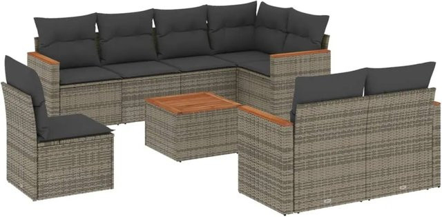 vidaXL 9-teilige Garten-Sofagarnitur in L-Form aus grauem Poly-Rattan mit Kissen und pulverbeschichtetem Stahlgestell - Bild 1